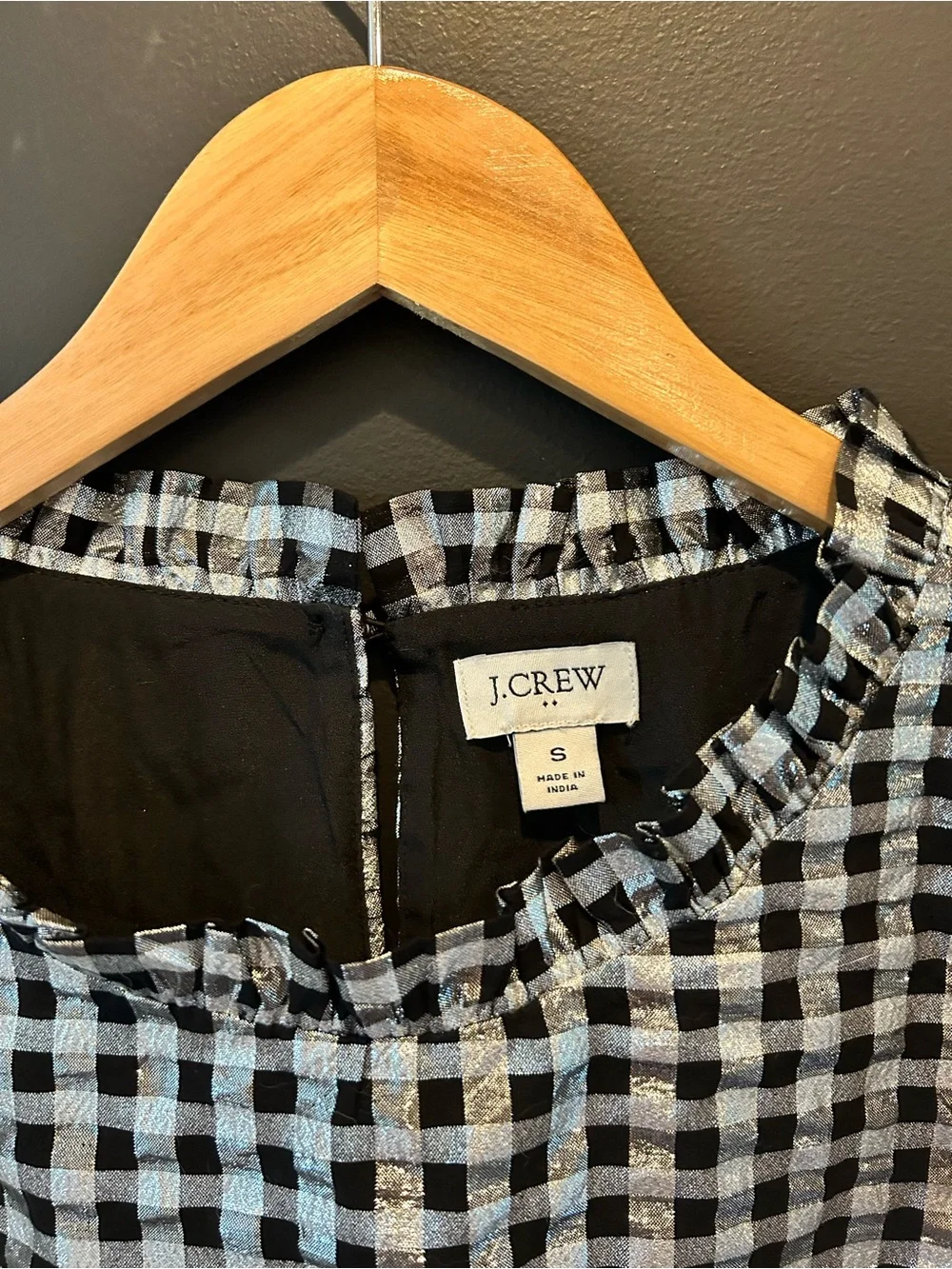 J. Crew Black and Silver Gingham Puff Sleeve Blouse NEW wo tags
